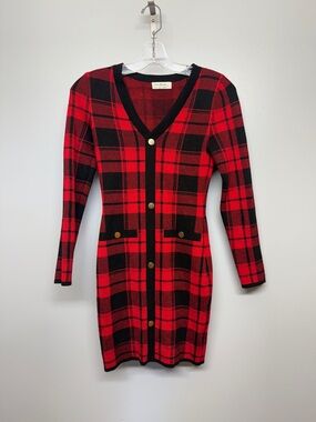 Love Always Red and Black Plaid Midi Dress with V-Neck Trim